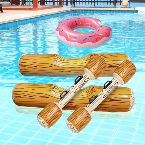 SKIKHN Inflatable Floating Row Toy, 4pcs Inflatable Pool Floats, Water Sports Games Log Rafts Float Toys, Battle Log Raft Set 2 Person with Sticks and Doughnut Swimming Ring for Summer Pool Party Fun