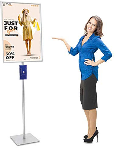 MyMAXXI | Plakatständer Shop DIN A1 Klapprahmen Einseitig Prospekthalter DIN Lang freihstehend, mobiler Plakathalter Aluminiumprofil, Plakatständer Standfuß aus Edelstahl silber, Bodenständer