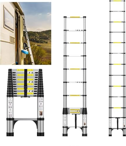 FEETE 12.5FT Telescoping Ladder, Aluminum Lightweight Extension Ladder w/Triangle Stabilizers, 330lbs Capacity Retractable Ladder for RV Home and Outdoor Silvery