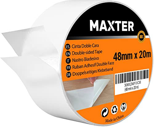 Maxter Ruban Adhésif Double Face Extra Fort, Fin et Transparent pour Bricolage, Artisanat et Scrapbooking (48 mm x 20 m)