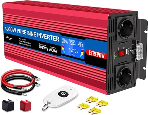 ETREPOW 4000w Spannungswandler 24v 230v Reine Sinus Wechselrichter | 2 EU-Steckdosen und USB, kabellose Fernbedienung, LCD Bildschirm -Spitzenleistung 8000w Kfz Konverter