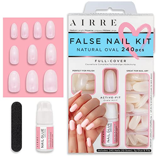 AIRRE 240pcs Short/Medium Oval False Nails with Strong Glue - For UV/LED Gel, Polish & Nail Art. Natural Opaque Nail Kit (10 Sizes). DIY Manicure Nails in Minutes!