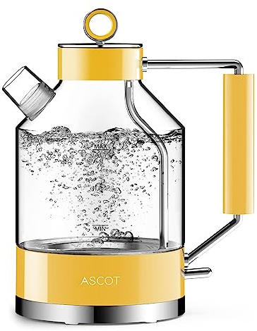ASCOT Electric Kettle, Glass Electric Tea Kettle Gifts for Men/Women/Family 1.5L 1500W Borosilicate Glass Tea Heater, with Auto Shut-Off and Boil-Dry Protection (Yellow)