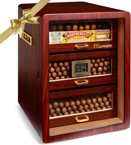 Marvero Zigarren-Humidor aus Zedernholz – Mit digitalem Hygrometer, Schubladen, Luftbefeuchter & vergoldeter Hardware | Humidor-Schrank für Männer, 150-Zigarren-Kapazität, Ebenholz-Optik