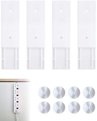 Excelo Self Adhesive Extension Lead Holder Kit (Pack of 4) with 8X Cable Tidy Clips - Easy to Install Power Strip Mount - Extra Strong Bond - Sliding Bracket Design for Wall, Desk