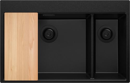 PRIMAGRAN Lavello da Cucina al Mobile 80cm + Kit di scarico, 78x50cm | Set: Kit di scarico + Tagliere + Lavandino in Granito a 2 vasche - Oslo Duo Top, Tutto Nero