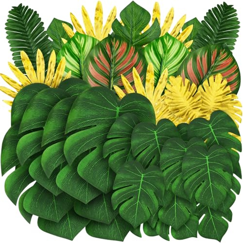QUOZUO Dschungel Party Dekorationen, 50 Stück 8 Arten Palmblätter Künstliche Tropische Monstera, Dschungelblatt mit Stiel für Dschungel Hawaii Luau Party Tischdekoration Hochzeit Geburtstag, Grün und
