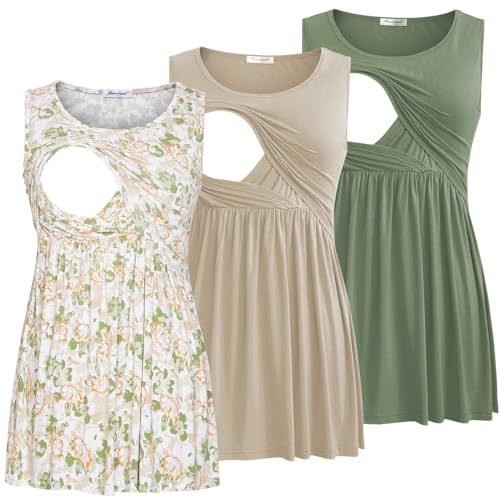 Bearsland Women's Maternity Nursing Tank Tops Sleeveless Scoop Neck Breastfeeding Shirt Pregnancy Clothes,Khaki&Gray Green&Green White Flower,XL
