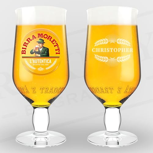 Personalised Birra Moretti Glass Pint Beer Lager Glass Engraved with Any Name in Themed Banner | Gift for Birthday, Father's Day, Anniversary