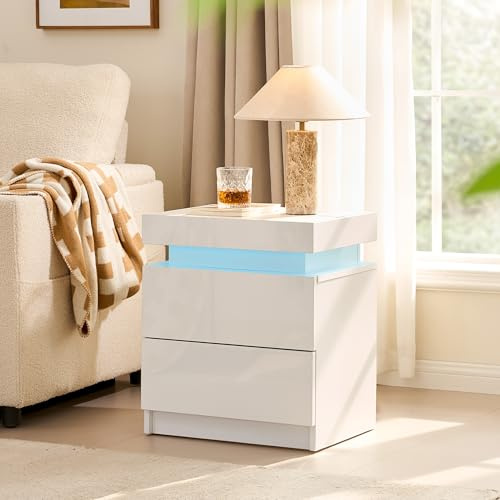 CLIPOP Nachttisch Hochglanz, LED, Farben einstellbar, 35×45×52 cm | Weiß, mit Schubladen & Staufach, Beistelltisch, Sofatisch, für Wohnzimmer & Schlafzimmer, modernes Design, vielseitig