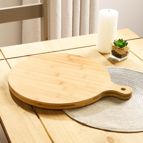 OHS Pizza Paddle, 100% Bamboo Pizza Serving Boards with Handle Round Cutting Board for Pizza Bread Veg Cheese Platter Chopping Board Easy To Use, Pizza Paddle 12 Inch