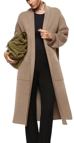 Fazortev Womens Long Sleeve Maxi Cardigan Open Front Oversized Knitted Sweater Coat Casual Lapel Warm Overcoat with Pockets, Dark Khaki, Small