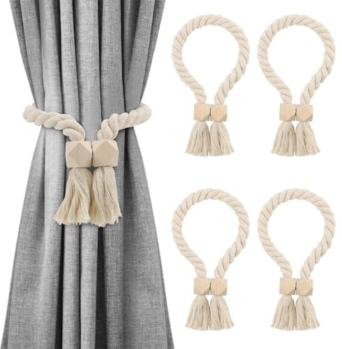 4 Stück Magnetische Vorhang Raffhalter, Gardinenhalter Vorhanghalter, Gardinenraffer aus Holz, Gardinen Raffhalter, Baumwollseil, Raffhalter für Gardinen Home Büro Gardinen Deko