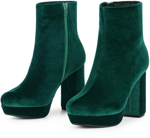 Allegra K Botines de tacón de bloque de terciopelo sintético con punta redonda para mujer, Green, 39.5 EU