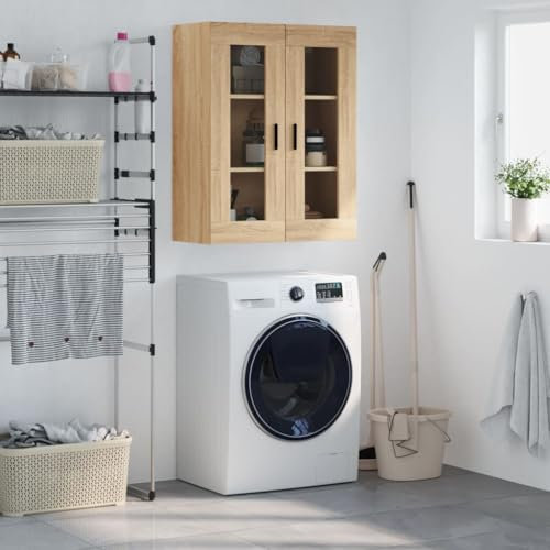 Sufrk Mueble de pared de roble Sonoma 69,5 x 34 x 90 cm, armario de baño suspendido de pared, armario para ahorrar espacio, mueble de cocina, dormitorio, lavadora