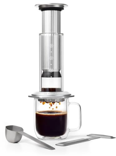AeroPress Premium-Kaffeepresse aus Glas, Edelstahl und Aluminium, All-in-One-French-Press, manuelle Kaffeemaschine im Espresso- und Pour-Over-Stil, 2 Minuten Brühzeit, Silber