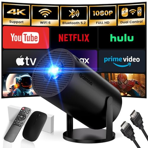 [App intégrée] Vidéoprojecteur 2025 Rétroprojecteur Portable Mini Projecteur Dual Contrôle avec Souris Android TV WiFi 6 BT5.2 180° Rotation Compatible avec HDMI/TV Stick/USB, Noir