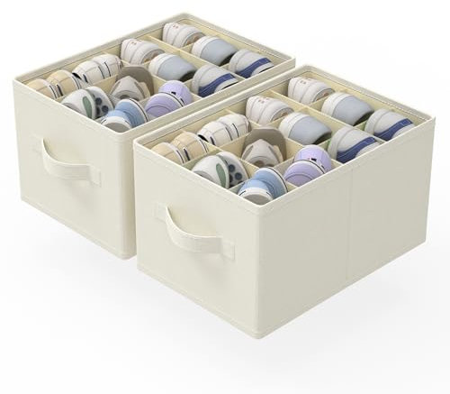 GUOHNHE 2 Pack Cube Shoe Organizer, Fits Up to 24 Pairs, Foldable Space-saving Storage Container Bins, Closet Organizers System with Reinforced Handles, 42 x 32 x 26 cm, Beige, XSNX02BE-2