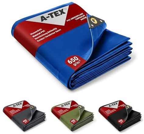 A-TEX® PVC Abdeckplane 650 g/m² (Blau, 3 x 4 m) LKW Plane mit Ösen | Verschiedene Größen und Farben wählbar | Gartenplane Bauplane Bootsplane Holzplane | wasserdicht | reißfest | uv-stabilisiert