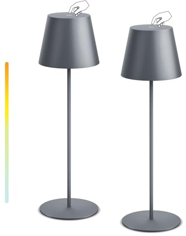 NiceBuy 2er Set LED Tischlampe Kabellos Akku Nachttischlampe USB-C-aufladbar Dimmbar Touch Outdoor Wetterfest für Restaurant Camping Bar Terrassen(Grau)