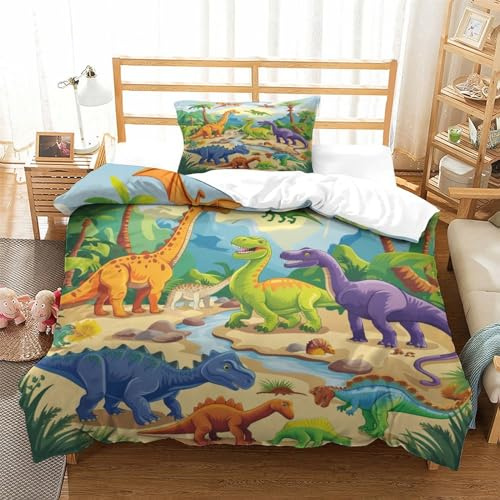 HLXZMCVBT DinosaurStampa Di 3D Copripiumino Morbida Microfibra Set Di Dinosaur Biancheria Da Letto Per Federa Chiusura A Cerniera Per Ragazzi Ragazze Single（135x200cm）