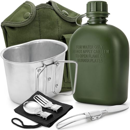 ZOOFOX Gourde militaire portable de 1 litre avec tasse en aluminium, cuillère, fourchette et couteau en acier inoxydable, bouteille d'eau tactique en plastique pour randonnée, camping, survie