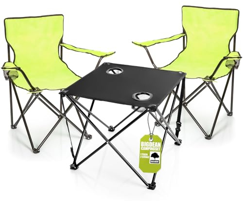 BigDean 2X Campingstuhl mit Campingtisch faltbar Neon Grün Schwarz | Faltstuhl mit Getränkehalter & Tisch & Tragetasche - ideal für Camping, Festival & mehr