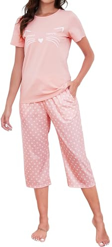 TeJoyce Dam pyjamasset bomull kortärmade och capribyxor myskläder nattkläder set mjuk komfort polkaprickig pyjamas set, Rosa, M Short