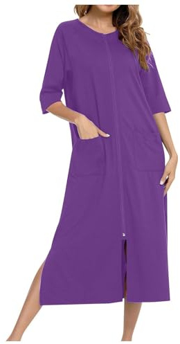 Générique Robes pour Femmes, Fermeture éclair sur Le Devant, Manches Courtes, Manteau de Maison Pleine Longueur avec Poches, vêtements de détente Robe Manche Longue Femme (Purple, XL)
