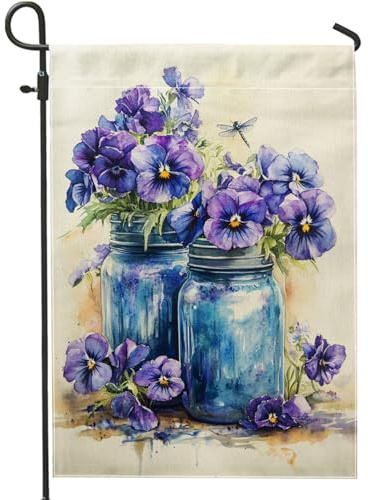 Bandera de jardín floral de verano, flor de pensamiento violeta, tarro de masón, pancarta de decoración del hogar, bandera de jardín de doble cara, decoración de césped al aire libre, 12 x 18 pulgadas