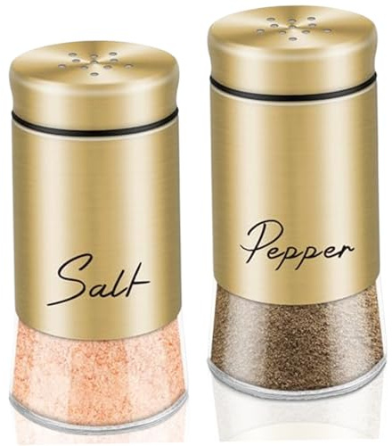 Salt and Pepper Shakers Set 150ml Glass Salt and Pepper Shakers with Stainless Steel Lids Refillable Spice Shaker Accessories for Kitchen Restaurant Gold, and Set, Glass and