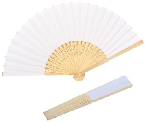 WUSJCOF 2pcs Éventail à Main en Tissu Pliable, pour Rafraîchissement d'Été, avec Gland et Étui, pour Décoration de Mariage, Danse et Spectacles (Blanc)