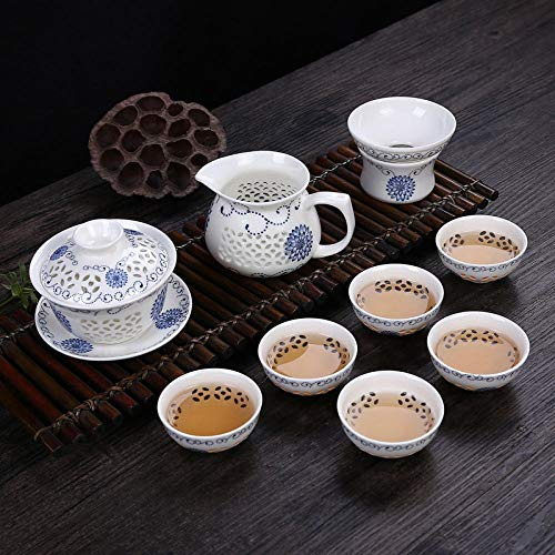 Tetera de cerámica Exquisita Azul y Blanca, Taza de té Hueca, Juego de té de Porcelana, Juego de té Chino Hecho a Mano, vajilla - K10 Piezas (F10 Piezas)