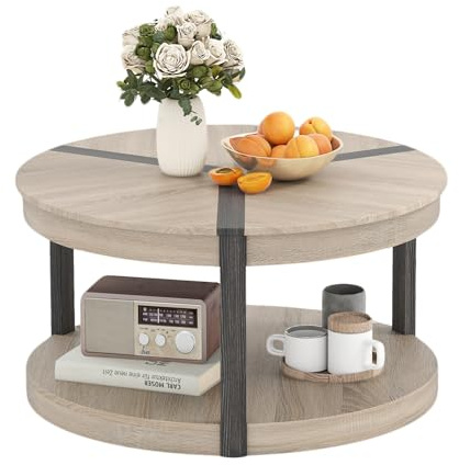 COSTWAY 2-Tier Round Coffee Table, 88cm Rubber Wood Cocktail Center Accent Tea End Sofa Side Table with Storage Shelf for Living Room Bedroom Office, Oak + Black