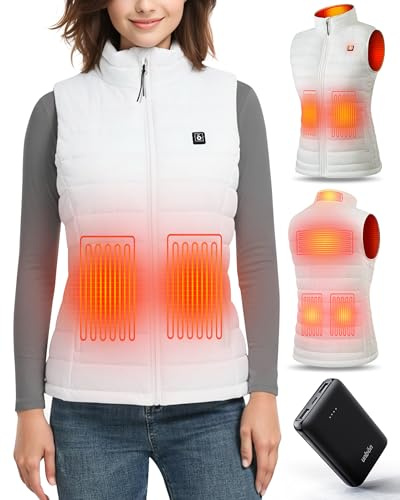 UNBON Veste Chauffante Femme, Gilet Chauffant Femme avec Batterie Incluse USB 10000mAh, Gilet Chauffant Électrique avec 3 Températures 6 Zones de Chauffage, Doudoune Chauffante sans Manche, Blanc, XS
