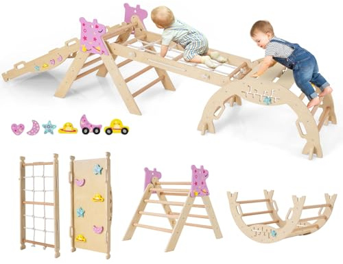 COSTWAY 8 en 1 Triangle d'escalade Enfant Pliable sur Thème Licorne avec Rampe & Échelle, Arche d'escalade Montessori en Bois Hêtre avec 6 Blocs & Labyrinthe, Aire de Jeux Intérieur pour 1 an+