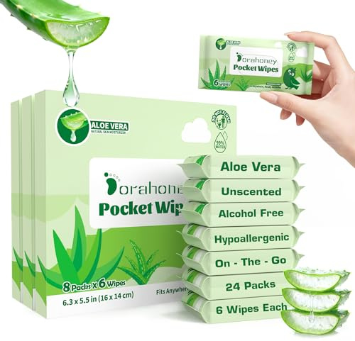 Dorahoney Lingettes Humides de Voyage à l’Aloe Vera, Format Mini Poche, 99% Eau, Sans Parfum, Hypoallergéniques, pour Adultes, Enfants et Bébés, Lingettes Mains & Visage, 24 Paquets (144 Lingettes)