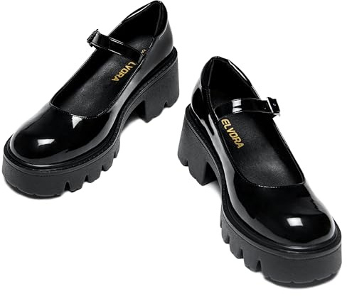 Elvora Women's Mary Jane Shoes - Platform Mary Janes for Women & Girls, Black Leather Round Toe Chunky Dress Shoes with Adjustable Ankle Strap
