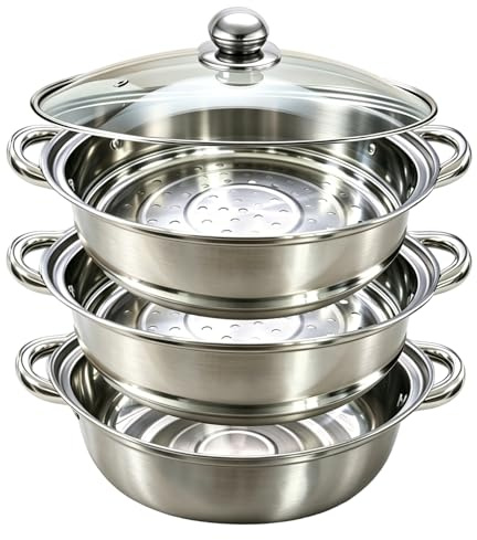 Chingcoo Steamery - Pentola a vapore da 28 cm, in acciaio inox, con inserto, pentole da cucina a 3 livelli con coperchio, per verdure, frutti di mare, zuppe, stufati e pasta (tre 3)