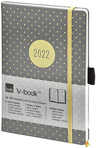 BSB V-Book Buchkalender, A5, 2022, 1 Woche = 2 Seiten, Anthrazit mit goldenen Punkten, Terminkalender, Wochenplaner, Taschenkalender, 02-0200