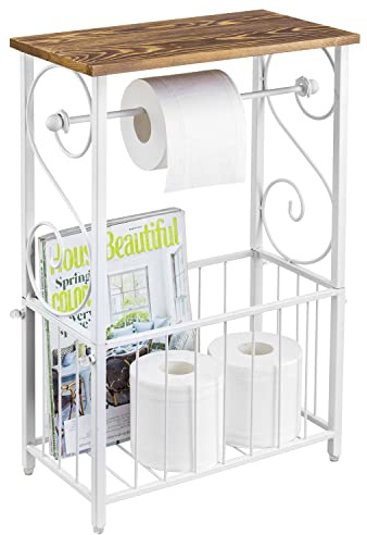 MyGift Toilet Paper Holder Stand with Shelf, Bathroom Table Stand Storage with Magazine Holder Basket, Scrollwork Design, White Metal