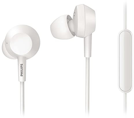 Philips E4105WT/00 Cuffie Auricolari con Filo, Bass, Telecomando Integrato, Driver Neodym 10 mm, 3 Cappucci Sostituibili per Tappi per le 7Orecchie, Cavo da 1.2 m, Modello 2020/2021, Bianco
