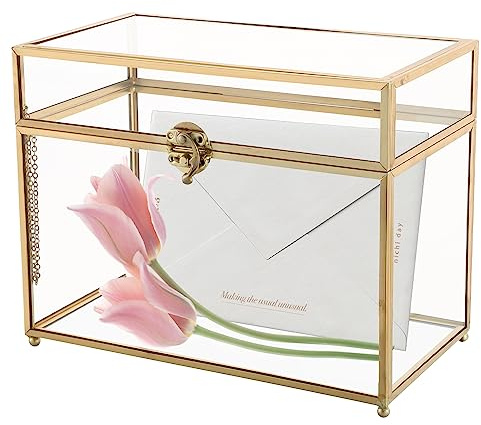 NATGAI Golden Vintage Glass Jewelry Organizer Box with Lid, Large Clear Decorative Box for Wedding Birthday Gift, Glass Card Box, Rectangle Jewelry Display Organizer Box (10 x 5.6 x 7.7 inches)