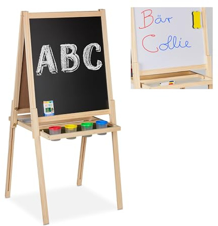 Relaxdays Kindertafel 2 in 1, Kreide- & Magnettafel, höhenverstellbare Standtafel mit Zubehör, Holztafel Kinder, natur