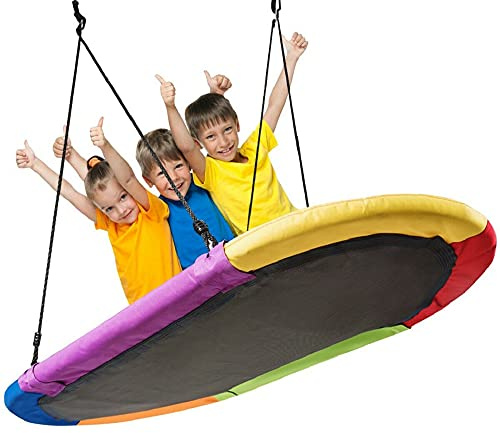 DORTALA Oval Swing, 60’’ Tree Swing with 40’’- 63’’ Adjustable Heights & Multi-ply Rope for Kids & Adults, Large Platform Swing for &Play, Giant Saucer Hammock for Backyard Playground, Multicolor