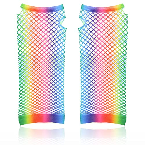 AKH® Lange Fischnetz-Handschuhe in Regenbogenfarben, Einheitsgröße für Damen, fingerlos, Netz-Handschuhe, dehnbar, Regenbogenfarben, Handgelenk-Handschuhe für 80er Jahre, Kostüm, Tutu, Zubehör