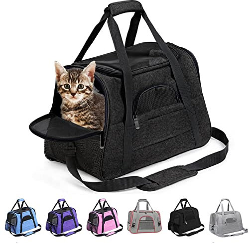 KJSXUUE kleine Hunde Transportbox,transportbox Katze, Atmungsaktive und Faltbare Hundebox mit Verstellbarem, Katzentransportkäfig mit Abnehmbarer Plüschmatratze(Schwarz)