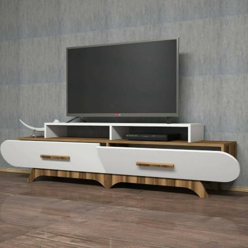 Dmora Mobile Porta TV Phec, Credenza da soggiorno, Armadio Basso per TV, Base parete attrezzata, 205x37h50 cm, Noce e Bianco
