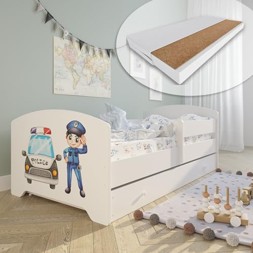 Kids Collective Kinderbett 70x140 / 80x160 Komplett Set inkl. Matratze, Lattenrost, Schublade & Rausfallschutz | Einzelbett für Kinder von 2 – 10 Jahren | 80x160 cm | weiß mit Polizei Motiv