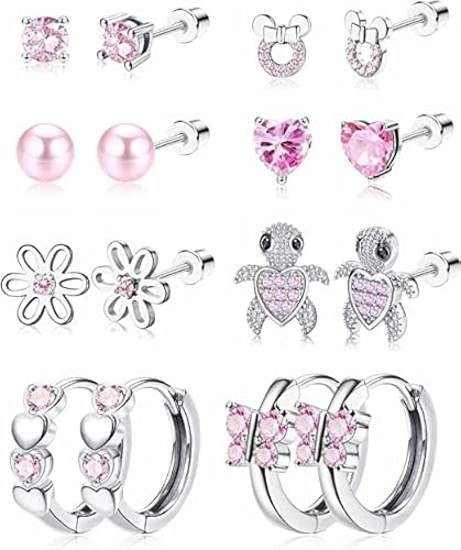 LOLIAS 8 Paare Screwback Ohrstecker Ohrringe für Damen Mädchen - Hypoallergene Hoop Ohrringe mit Nette Blume, Ball, Herz, CZ Schmetterling Stud und Tragus Knorpel Piercing